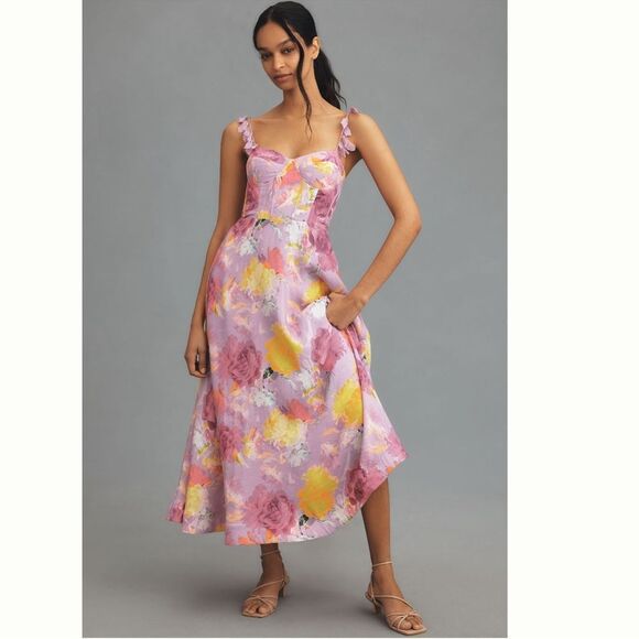 Anthropologie ML Monique Lhuillier Carmen
Sweetheart Linen Midi Dress / size 12 - Picture 1 of 13